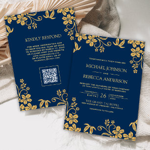 Invitation Mariage Code QR Feuilles Florales Or Bleu Marine