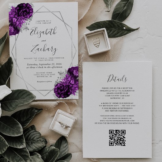 Invitation Mariage Code QR Fleur Blanche Argent Prune Pourpre