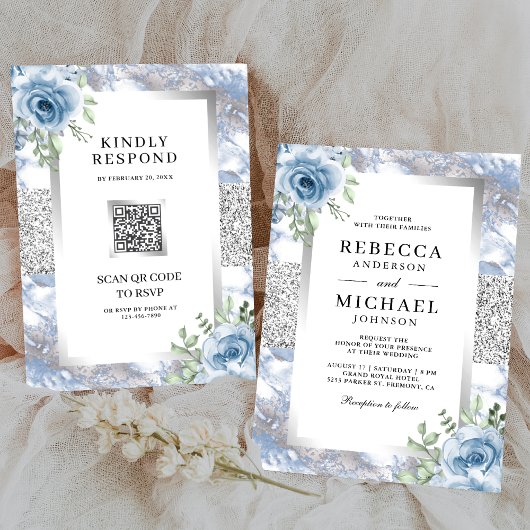 Invitation Mariage Code QR Fleur Bleue Poussière Argentée Mar