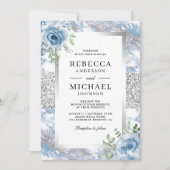 Invitation Mariage Code QR Fleur Bleue Poussière Argentée Mar (Devant)