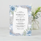 Invitation Mariage Code QR Fleur Bleue Poussière Argentée Mar (Debout devant)