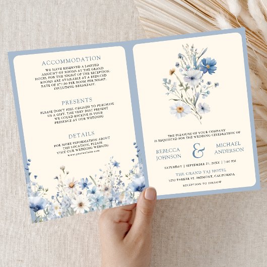 Invitation Mariage Code QR Fleur de Boho Bleu Poussiéreux