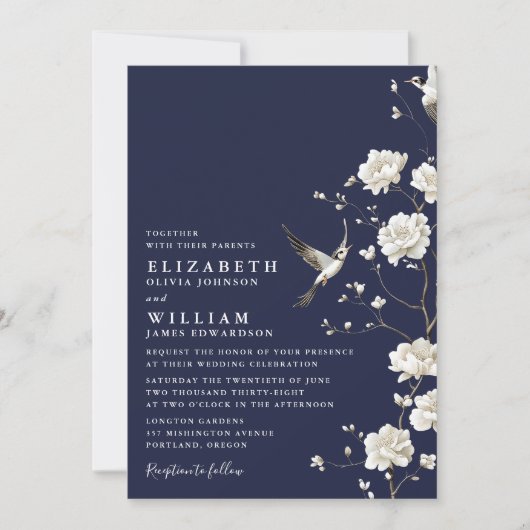 Invitation Mariage Code QR Fleur de Chinoiserie Bleu Marine (Devant)