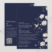 Invitation Mariage Code QR Fleur de Chinoiserie Bleu Marine (Devant / Derrière)
