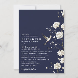 Invitation Mariage Code QR Fleur de Chinoiserie Bleu Marine