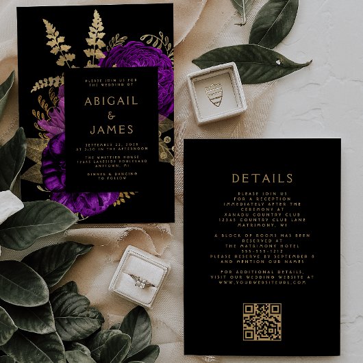 Invitation Mariage Code QR Fleur foncé Or Violet Humeur