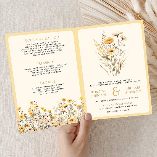 Invitation Mariage Code QR Fleur Sauvage Bohème Jaune