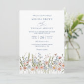 Invitation Mariage Code QR Fleur Sauvage Rose Pâle Bleu Pouss (Debout devant)