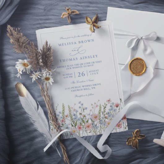 Invitation Mariage Code QR Fleur Sauvage Rose Pâle Bleu Pouss