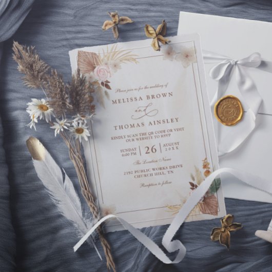 Invitation Mariage Code QR Fleurs Bohème Aquarelle Beige