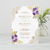 Invitation Mariage Code QR Fleurs Dentelle Violet Poussiéreux (Debout devant)