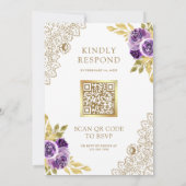 Invitation Mariage Code QR Fleurs Dentelle Violet Poussiéreux (Dos)