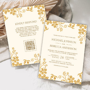 Invitation Mariage Code QR Fleurs Feuilles Crème Ivoire Or