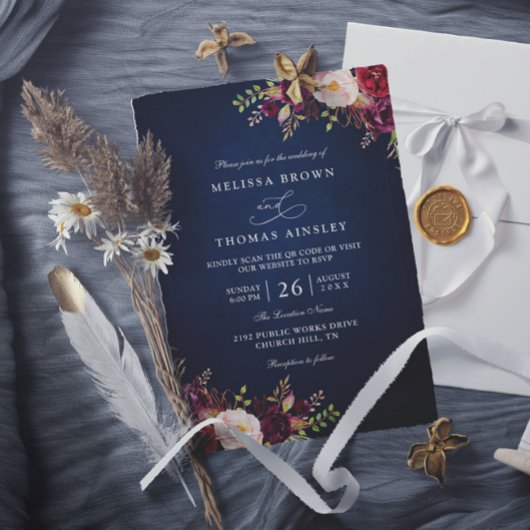 Invitation Mariage Code QR Fleurs Rouge Bourgogne Bleu Marine