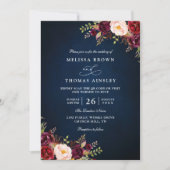 Invitation Mariage Code QR Fleurs Rouge Bourgogne Bleu Marine (Devant)