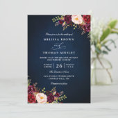 Invitation Mariage Code QR Fleurs Rouge Bourgogne Bleu Marine (Debout devant)