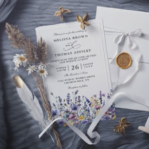 Invitation Mariage Code QR Fleurs Sauvages Élégant Moderne Bu