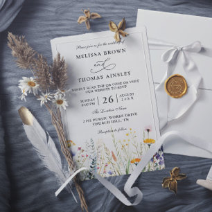Invitation Mariage Code QR Fleurs Sauvages Élégant Moderne Bu