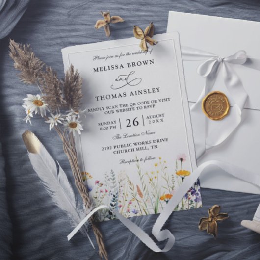 Invitation Mariage Code QR Fleurs Sauvages Élégant Moderne Bu