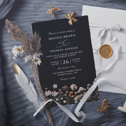 Invitation Mariage Code QR Fleurs Sauvages Élégant Moderne Bu