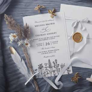 Invitation Mariage Code QR Fleurs Sauvages Élégant Moderne Bu