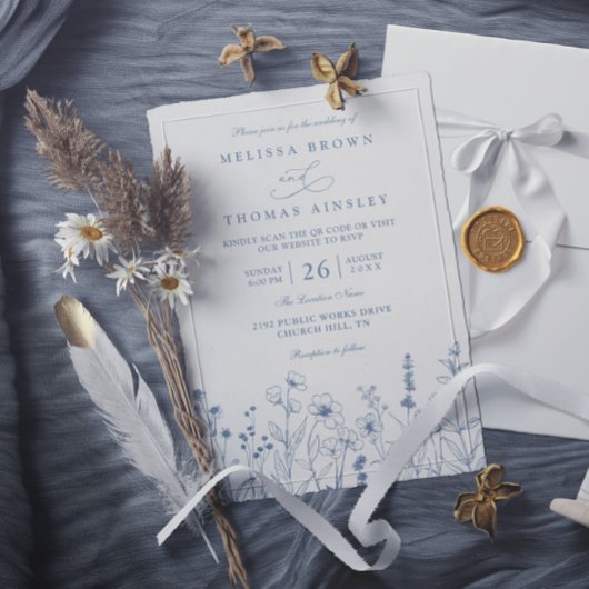 Invitation Mariage Code QR Fleurs Sauvages Pervenche Minimali