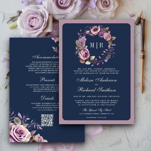 Invitation Mariage Code QR Fleurs Violet Poussiéreux Rustique