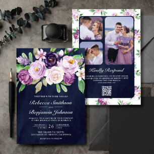Invitation Mariage Code QR Fleurs Violettes Rustiques Bleu Nu