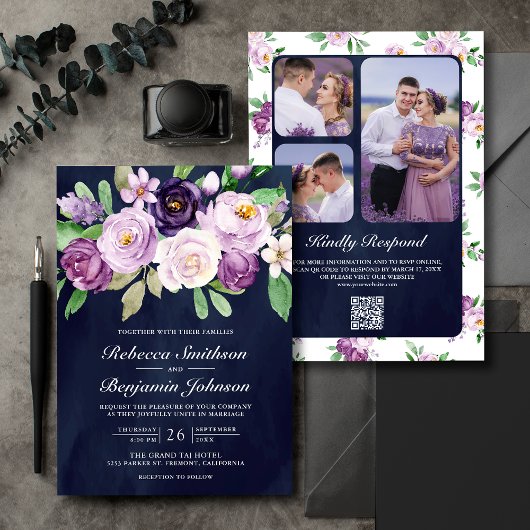Invitation Mariage Code QR Fleurs Violettes Rustiques Bleu Nu