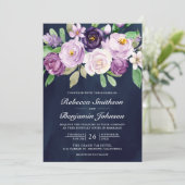 Invitation Mariage Code QR Fleurs Violettes Rustiques Bleu Nu (Debout devant)