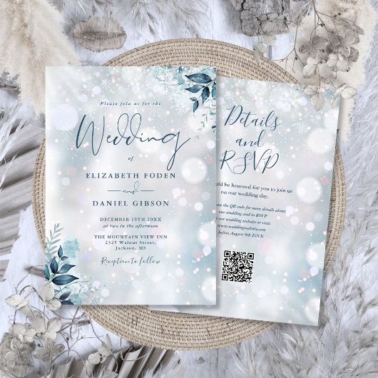 Invitation Mariage Code QR Flocons de Neige Floraux d'Hiver