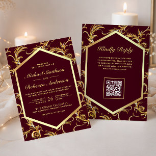 Invitation Mariage Code QR Floraison Tourbillonnante Or Bourg