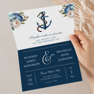 Invitation Mariage code QR floral ancre bleu marine tout-en-u