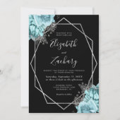 Invitation Mariage Code QR Floral Argent Aqua Noir (Devant)