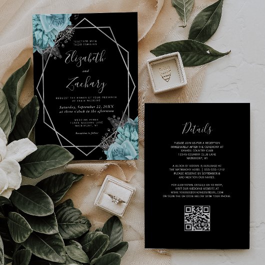 Invitation Mariage Code QR Floral Argent Aqua Noir