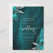Invitation Mariage Code QR Floral Argent Bleu Canard Élégant (Devant)
