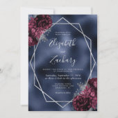 Invitation Mariage Code QR Floral Argent Bordeaux Bleu Marine (Devant)