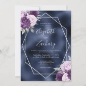 Invitation Mariage Code QR Floral Argent Lilac Navy (Devant)