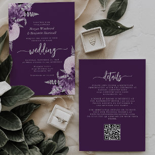 Invitation Mariage Code QR Floral Argent Lilas Pourpre