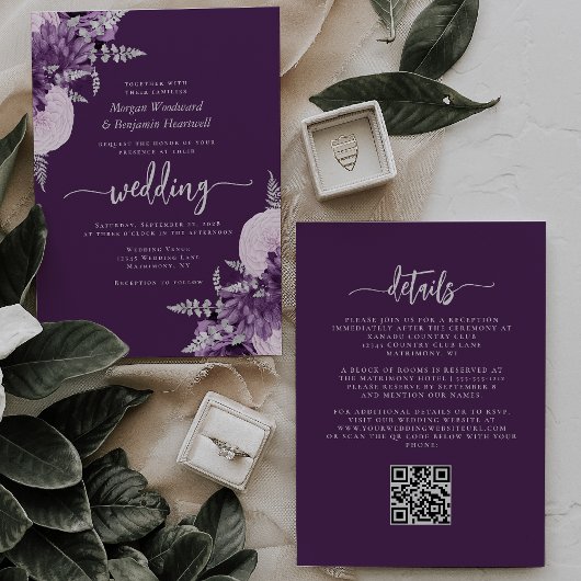 Invitation Mariage Code QR Floral Argent Lilas Pourpre