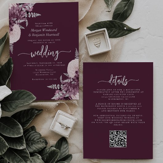 Invitation Mariage Code QR Floral Argent Mauve