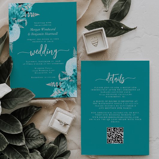 Invitation Mariage Code QR Floral Argent Turquoise