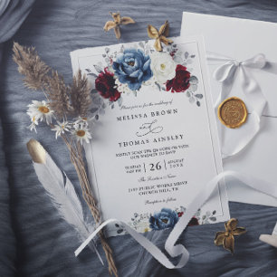 Invitation Mariage Code QR Floral Bleu Bourgogne Blanc Ivoire