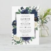Invitation Mariage Code QR Floral Bleu Marine et Argent (Debout devant)