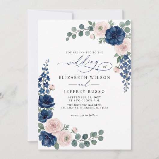 Invitation Mariage Code QR Floral Bleu Marine et Rose (Devant)