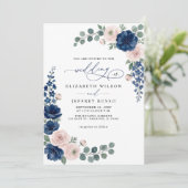Invitation Mariage Code QR Floral Bleu Marine et Rose (Debout devant)