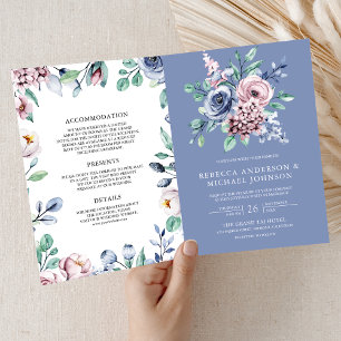 Invitation Mariage Code QR Floral Bleu Pervenche Poussiéreux