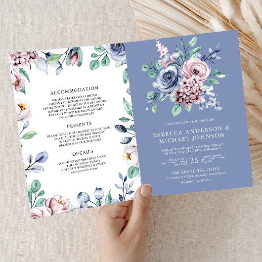 Invitation Mariage Code QR Floral Bleu Pervenche Poussiéreux