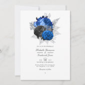 Invitation Mariage code QR floral bleu roi, noir et argent (Devant)
