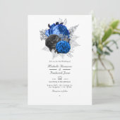Invitation Mariage code QR floral bleu roi, noir et argent (Debout devant)